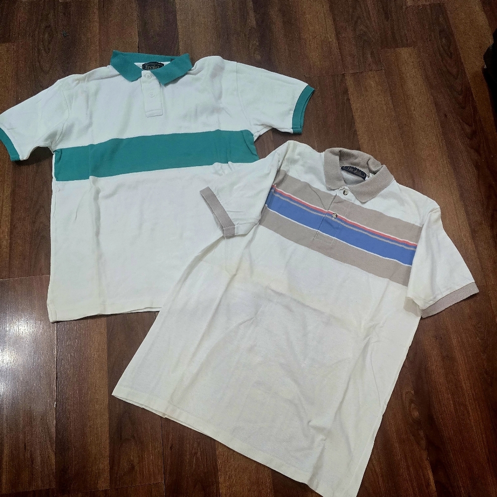 Set Of 2 Vintage Polo T-Shirts L, & XL 70s Striped Collar Preppy Academia Cotton